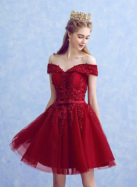 Luolandi Wine Red Tulle with Lace Applique Party Dress A Line Homecoming Dress Off Shoulder